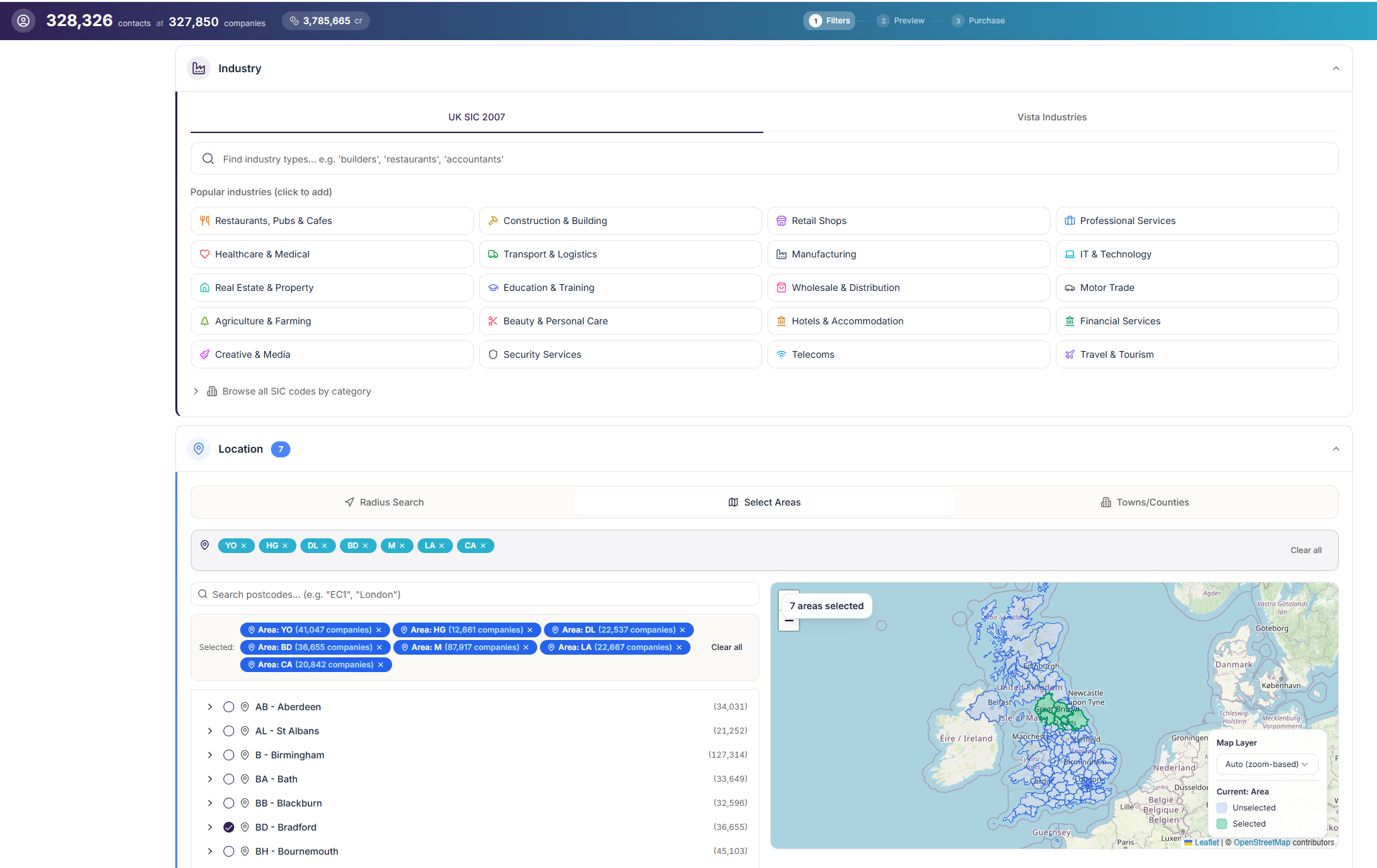 VistaConnect List Builder with industry SIC code filters, location postcode map of the UK, and company size selectors